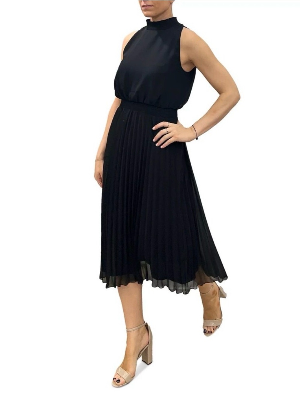 Sam Edelman Sleeveless Black Pleated Midi Skirt Dress